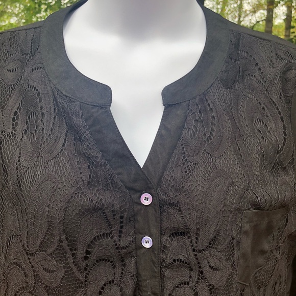 Black Pattern Button Up Back High Low Long Sleeve Top Blouse Shirt XXL - Picture 3 of 5